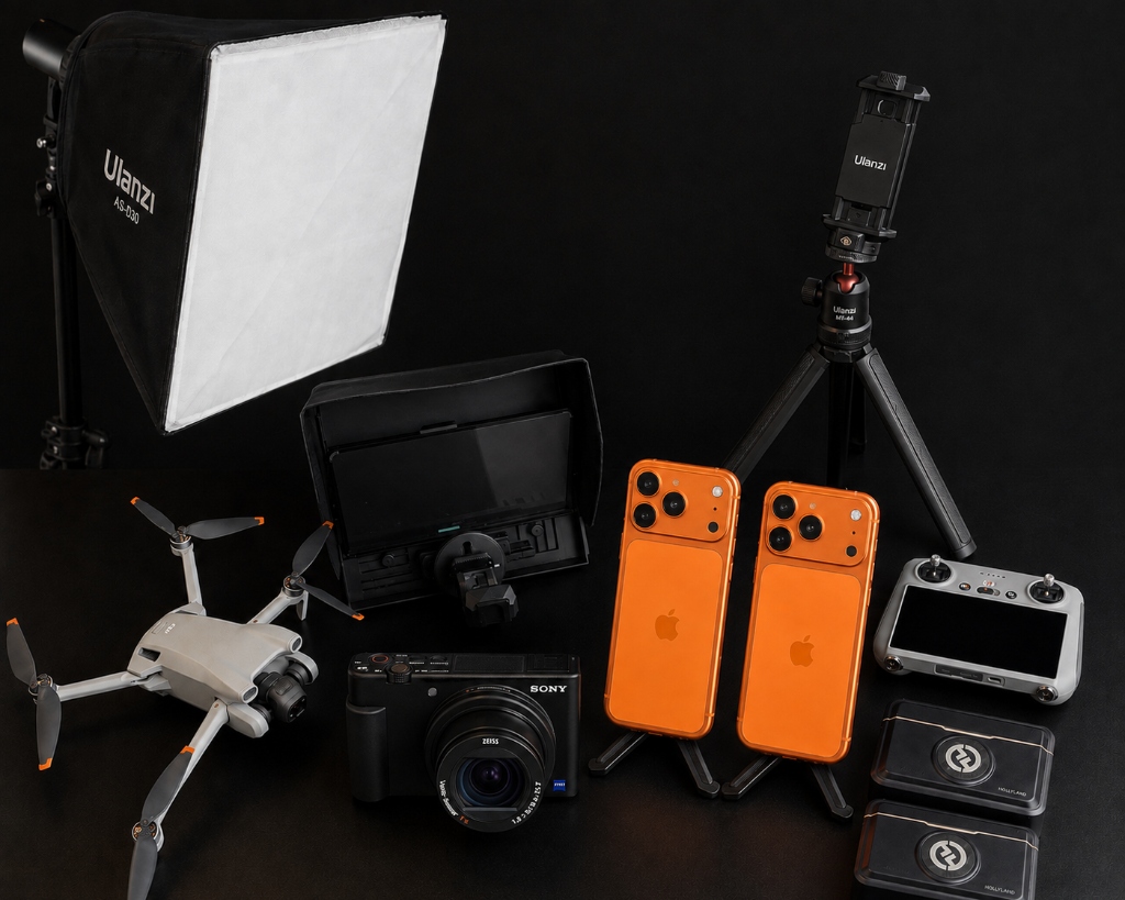 Equipamentos Profissionais Conecta Müller — Drone, iPhone 16 Pro, Microfones Hollyland e Teleprompter